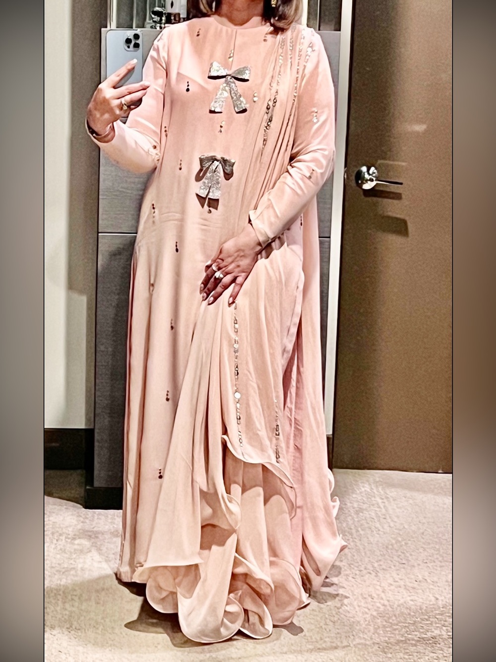 Blush Pink Long Sleeve Maxi Dress with Silver Bow Accents